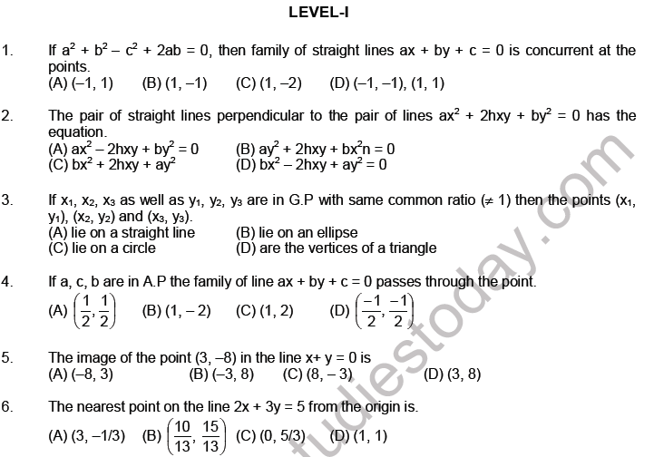 JEE Mathematics Straight Lines MCQs Set A