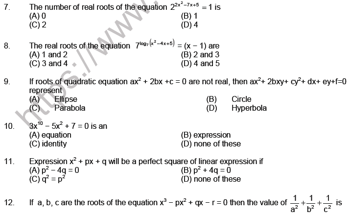 JEE Mathematics Theory of Equations MCQs Set A-