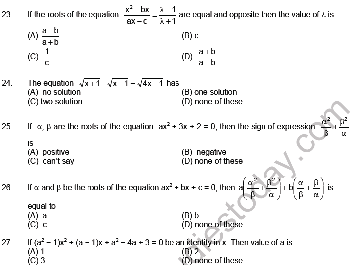 JEE Mathematics Theory of Equations MCQs Set A-3