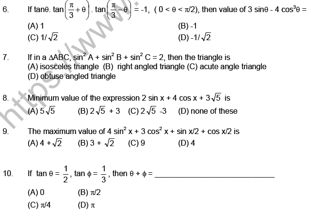 JEE Mathematics Trigonometric functions MCQs Set A-