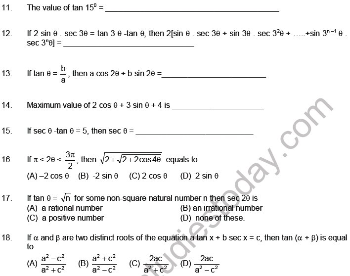 JEE Mathematics Trigonometric functions MCQs Set A-1