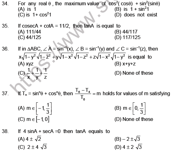 JEE Mathematics Trigonometric functions MCQs Set A-4
