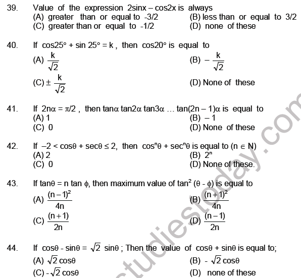 JEE Mathematics Trigonometric functions MCQs Set A-5