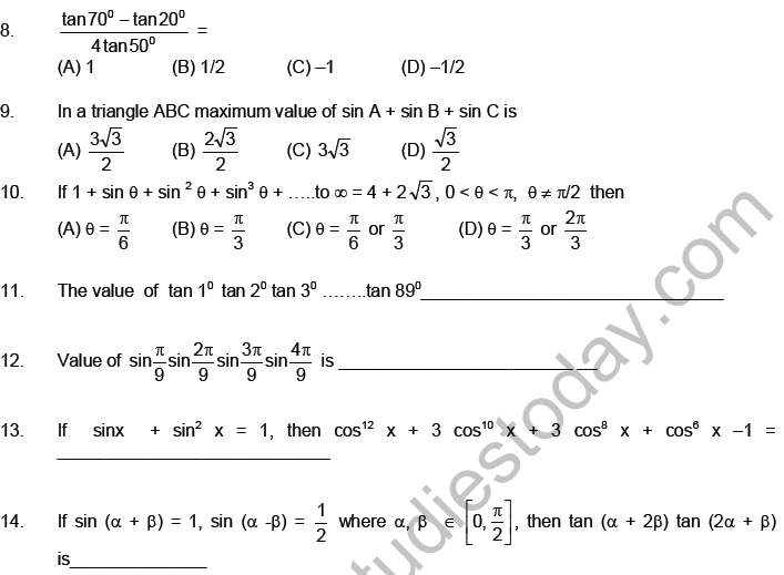 JEE Mathematics Trigonometric functions MCQs Set A-level2-