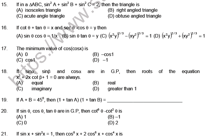 JEE Mathematics Trigonometric functions MCQs Set A-level2-1