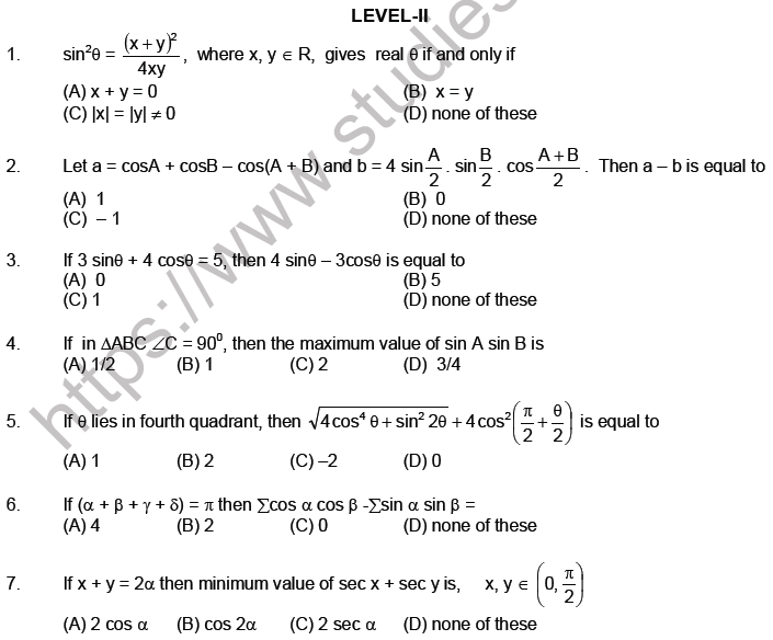 JEE Mathematics Trigonometric functions MCQs Set A-level2