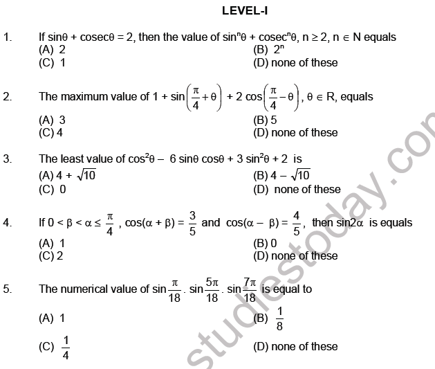 JEE Mathematics Trigonometric functions MCQs Set A