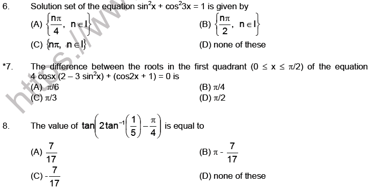 JEE Mathematics Trigonometric functions MCQs Set B-