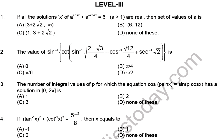 JEE Mathematics Trigonometric functions MCQs Set B-Level3