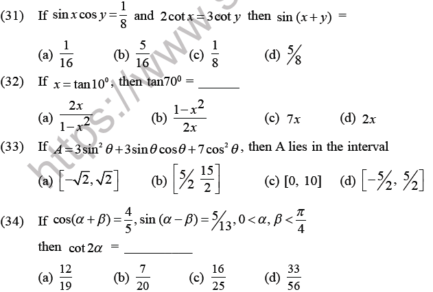 JEE Mathematics Trigonometric functions MCQs Set C-6