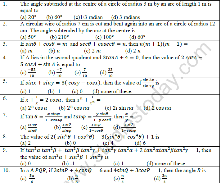 JEE Mathematics Trigonometric functions MCQs Set D