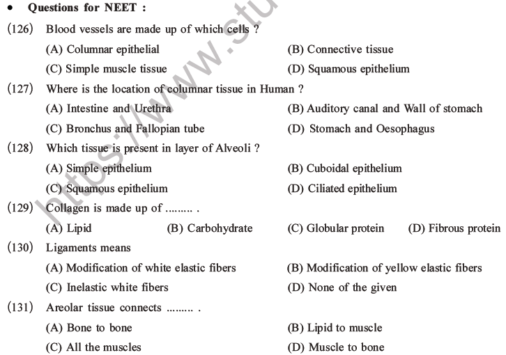 NEET Biology Animal Tissue MCQs Set A-47