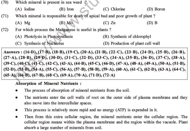 NEET Biology Mineral Nutrition MCQs Set A-14