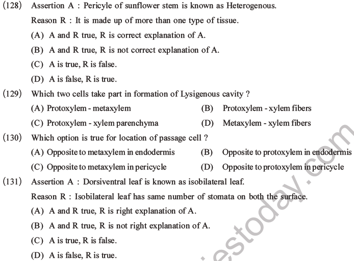 NEET Biology Plant Anatomy Plant Tissues MCQs Set A-40