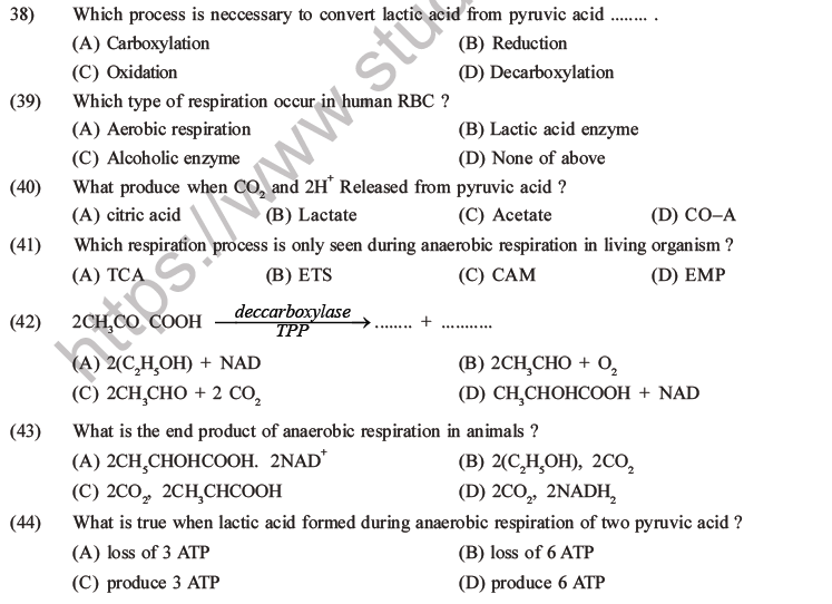 NEET Biology Respiration MCQs Set A-16