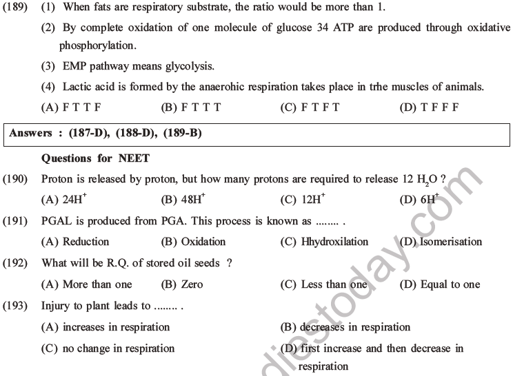 NEET Biology Respiration MCQs Set A-62