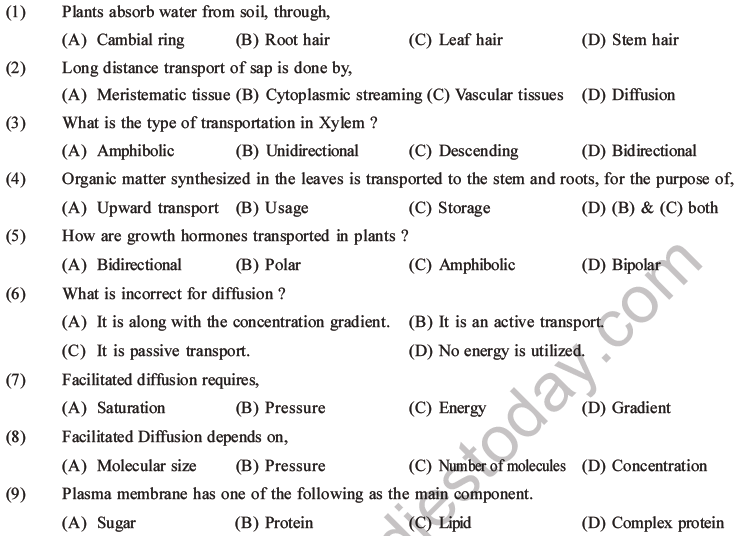 NEET Biology Transport in Plants MCQs Set A, Multiple Choice Questions