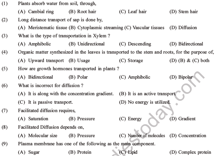 NEET Biology Transport in Plants MCQs Set A-1