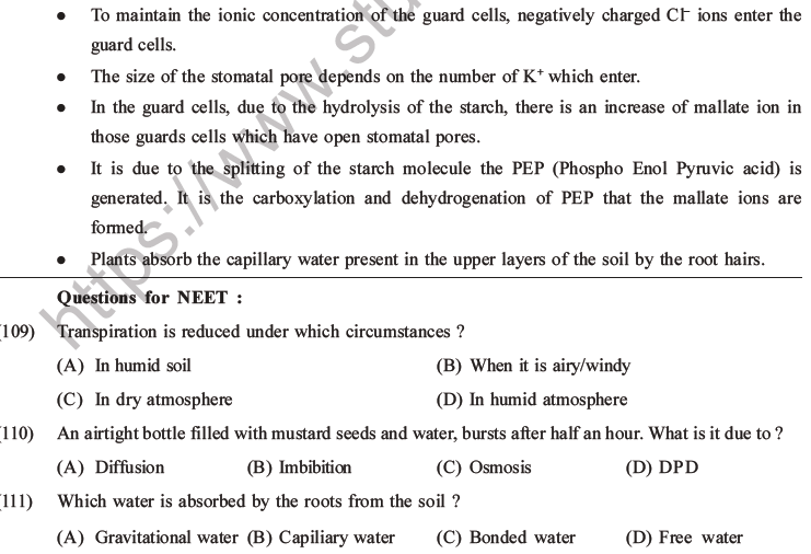 NEET Biology Transport in Plants MCQs Set A-10