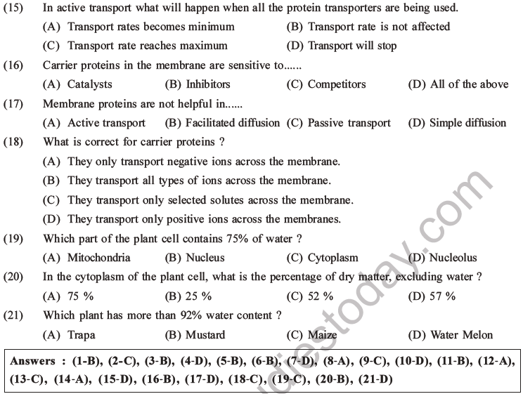 NEET Biology Transport in Plants MCQs Set A, Multiple Choice Questions