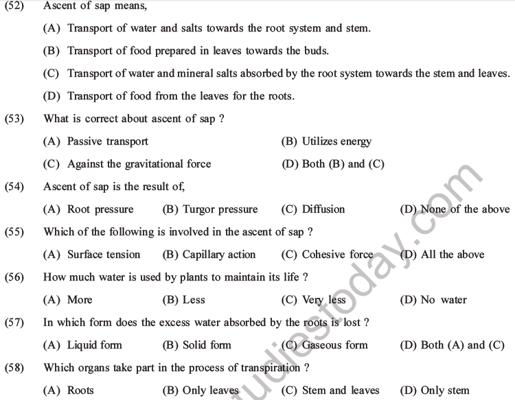 NEET Biology Transport in Plants MCQs Set A-Q52