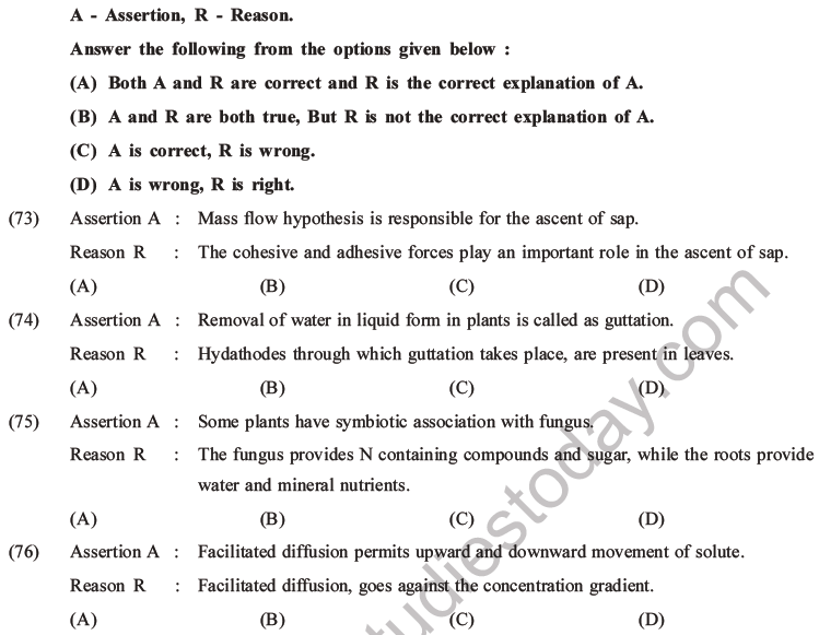 NEET Biology Transport in Plants MCQs Set A-Q73