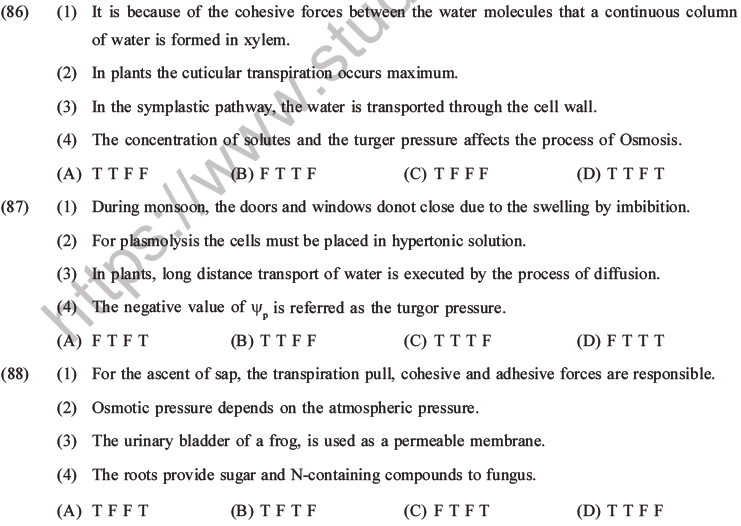 NEET Biology Transport in Plants MCQs Set A-Q86