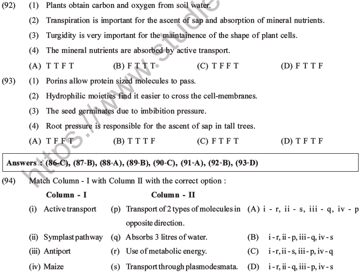 NEET Biology Transport in Plants MCQs Set A-Q92