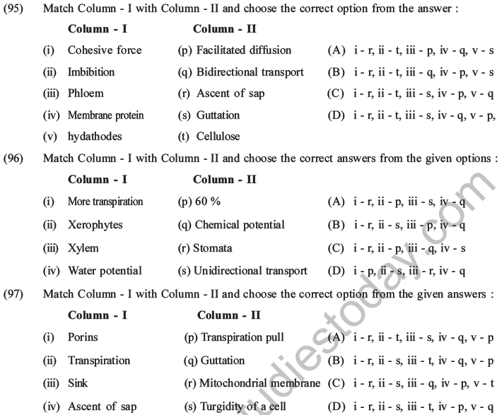 NEET Biology Transport in Plants MCQs Set A-Q95