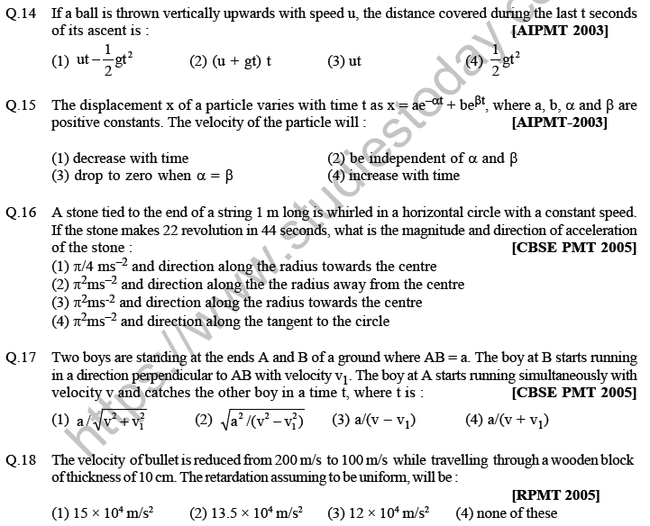 NEET Physics Kinematics MCQs Set D