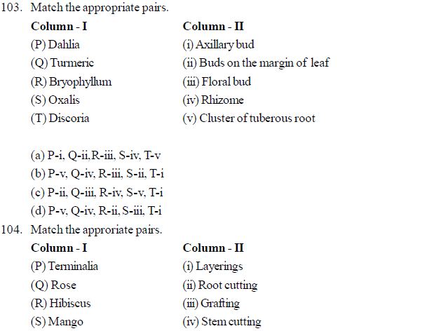 Competitive Exam's MCQ 115. The production of new plant from the maternal plant is called. (CPMT=2003) (a) Vegetative reproduction (b) Cutting (c) Grafting (d) Layering 116. Which of the following plant reproduces by leaf ? (DPMT-2003) (a) Agave (b) Bryophyllum (c) Gladiolus (d) Potato 117. Pollen tube enters the embryo sac through (AIIMS-2004) (a) Any one synergid cell (b) Directly penetrating the egg cell (c) In between one synergid cell and secondary nucleus. (d) The help of antipodal cells. 118. Grafting is impossible in monocot-because (UTTRANCHAL PMT-2004) (a) Vascular bundles are scattered. (b) Meristem is absent (c) Collateral open vascular bundle (d) Radial vascular bundle. 119. If vegetative growth of the plant takes place but flower production does not occur-then what could be the reason for this? (a) Imbalance of hormones (b) Photoperiod (c) Imbalance of sugar in water (d) Irregular transport of solute. 120. What is the name of the technique for the production of large number of top? (a) Top production (b) Organo genesis (c) Micro culture (d) Embryo culture 121. Where does the culture of haploid pollen grain is useful in plant breeding? (a) For production of better hybrid (b) For production of homogametic organisms. (c) For production of disease causing organisms (d) None of this 122. Haploid plants are obtained by culture of- (a) Young leaves (b) Endosperm (c) Pollen grain (d) Root apex 123. Which of the following is associated with vegetative reproduction? (a) Combination of pre existing cytoplasm. (b) Tissue culture (c) Endo static fertilization (d) (a) and (b) Both. 124. With the help of which quick cell division could be induced? (a) By T1 plasmid (b) PBR-32 (c) F-speed (d) By sexual plasmid Downloaded from www.studiestoday.com Downloaded from www.studiestoday.com 344 Questionbank Biology 125. Which auxin is used in callus and suspension culture technique in general? (a) Napthelene acetic acid (b) 2-4 Dichloro acetic acid (c) 2,4,5, Tri phenoxy acetic acid (d) 2,4 dichloro phenoxy acetic acid. 126. Which of the following animal shows longitudinal binary fission? (a) Englena (b) Plasmodium (c) Planaria (d) Paramoecium 127. Identify the mis-match statement regarding post fertilization events from the following statements. (a) Wall of ovary is converted in to pericarp. (b) Outer integument is converted in inner integument (c) Triploid nucleus develops as endosperm (d) Ovary is developed as fruit. 128. In cryptogamic tracheophyte's prothallus the male gamate and an egg are produceed at different time.the reason for this is- (a) Because they possess higher sterility (b) They are produced from cells which are meiotically formed. (c) Because they does not allow self fertilization. (d Because there is no change in their successful fertilization rate. 129. What type of fruit will be produced by fixing the stock of sour juice producing branch on scion of plant having sweet branch? (a) Sweet and fibrous (b) Sweet and juicy (c) Sour and juicy (d) Sour and fibrous 130. How man eggs will be formed from an ovary of a woman,in absence implantation of an embryo? (a) 12 (b) 06 (c) 24 (d) 48 131. Which tissue is required to be present in between stock and scion during grafting? (a) Xylem (b) Phloem (c) Meristem (d) Parenchyma. 132. Where does maturity is observed in the sporophytic stage of the plants? (a) In gemina (b) In primay structures (c) In sporophylls (d) In eggs. 133. If primary spermetocyte have 2n=16 chromosomes during first meiotic division,in such case how many chromatids could be present in each secondary spermatocyte? (a) 32 (b) 8 (c) 16 (d) 24