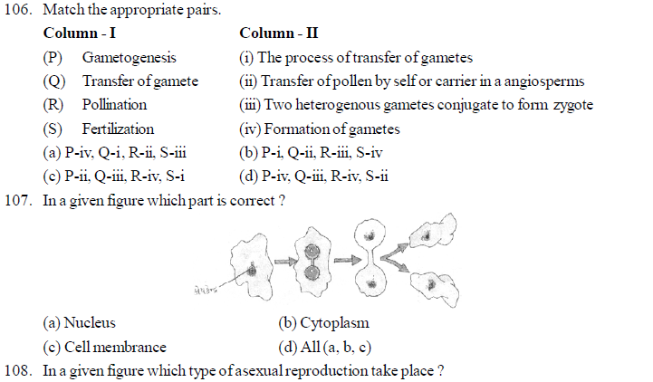 Competitive Exam's MCQ 115. The production of new plant from the maternal plant is called. (CPMT=2003) (a) Vegetative reproduction (b) Cutting (c) Grafting (d) Layering 116. Which of the following plant reproduces by leaf ? (DPMT-2003) (a) Agave (b) Bryophyllum (c) Gladiolus (d) Potato 117. Pollen tube enters the embryo sac through (AIIMS-2004) (a) Any one synergid cell (b) Directly penetrating the egg cell (c) In between one synergid cell and secondary nucleus. (d) The help of antipodal cells. 118. Grafting is impossible in monocot-because (UTTRANCHAL PMT-2004) (a) Vascular bundles are scattered. (b) Meristem is absent (c) Collateral open vascular bundle (d) Radial vascular bundle. 119. If vegetative growth of the plant takes place but flower production does not occur-then what could be the reason for this? (a) Imbalance of hormones (b) Photoperiod (c) Imbalance of sugar in water (d) Irregular transport of solute. 120. What is the name of the technique for the production of large number of top? (a) Top production (b) Organo genesis (c) Micro culture (d) Embryo culture 121. Where does the culture of haploid pollen grain is useful in plant breeding? (a) For production of better hybrid (b) For production of homogametic organisms. (c) For production of disease causing organisms (d) None of this 122. Haploid plants are obtained by culture of- (a) Young leaves (b) Endosperm (c) Pollen grain (d) Root apex 123. Which of the following is associated with vegetative reproduction? (a) Combination of pre existing cytoplasm. (b) Tissue culture (c) Endo static fertilization (d) (a) and (b) Both. 124. With the help of which quick cell division could be induced? (a) By T1 plasmid (b) PBR-32 (c) F-speed (d) By sexual plasmid Downloaded from www.studiestoday.com Downloaded from www.studiestoday.com 344 Questionbank Biology 125. Which auxin is used in callus and suspension culture technique in general? (a) Napthelene acetic acid (b) 2-4 Dichloro acetic acid (c) 2,4,5, Tri phenoxy acetic acid (d) 2,4 dichloro phenoxy acetic acid. 126. Which of the following animal shows longitudinal binary fission? (a) Englena (b) Plasmodium (c) Planaria (d) Paramoecium 127. Identify the mis-match statement regarding post fertilization events from the following statements. (a) Wall of ovary is converted in to pericarp. (b) Outer integument is converted in inner integument (c) Triploid nucleus develops as endosperm (d) Ovary is developed as fruit. 128. In cryptogamic tracheophyte's prothallus the male gamate and an egg are produceed at different time.the reason for this is- (a) Because they possess higher sterility (b) They are produced from cells which are meiotically formed. (c) Because they does not allow self fertilization. (d Because there is no change in their successful fertilization rate. 129. What type of fruit will be produced by fixing the stock of sour juice producing branch on scion of plant having sweet branch? (a) Sweet and fibrous (b) Sweet and juicy (c) Sour and juicy (d) Sour and fibrous 130. How man eggs will be formed from an ovary of a woman,in absence implantation of an embryo? (a) 12 (b) 06 (c) 24 (d) 48 131. Which tissue is required to be present in between stock and scion during grafting? (a) Xylem (b) Phloem (c) Meristem (d) Parenchyma. 132. Where does maturity is observed in the sporophytic stage of the plants? (a) In gemina (b) In primay structures (c) In sporophylls (d) In eggs. 133. If primary spermetocyte have 2n=16 chromosomes during first meiotic division,in such case how many chromatids could be present in each secondary spermatocyte? (a) 32 (b) 8 (c) 16 (d) 24