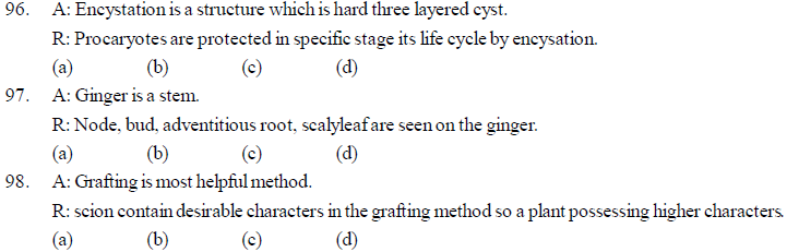 88. Which are the various stages of sexual reproduction ? (a) Growth, Development, Diffrentiation. (b) Pre fertilization, Fertilization, Post fertilization. (c) Fertilization, Post Fertilization, Pre Fertilization. (d) Gametogenesis, Gamete transfer, Gamete Fertilization. 89. How many chromosome number are seen in Onion and Housefly during meiosis ? (a) 32,12 (b) 16,12 (c) 16,06 (d) 32,06 90. In which development of zygote takes place in female is called as........ in animals. (a) Oviparous (b) Viviparous (c) Ovoviviparous (d) None A-R types of MCQ a. A is true and R is false. b. A is false and R is true c. A and R both are true andR is correct explanation of A. d. A and R both are true but R is not correct explatation of A.