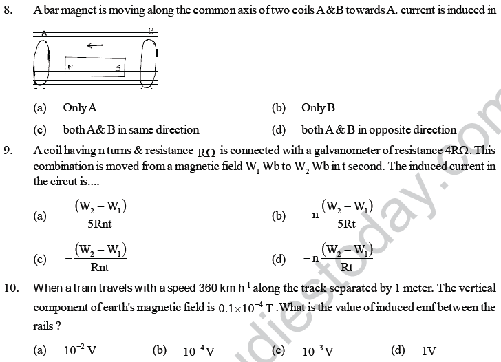 MCQ For the answer of the following questions choose the correct alternative from among the given ones. 1. A coil having area 2m2 is placed in a magnetic field which changes from 1 wb /m2 to 4 wb/m2 in an interval of 2 second. The emf induced in the coil of single turn is.... (a) 4 v (b) 3 v (c) 1.5 v (d) 2 v 2. Two different loops are concentric & lie in the same plane. The current in outer loop is clockwise & increasing with time. The induced current in the inner loop then, is.......... (a) clockwise (b) zero (c) counter clockwise (d) direction depends on the ratio of loop radii