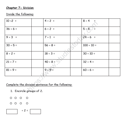 CBSE Class 2 Maths Practice Worksheets (140) - Division 1