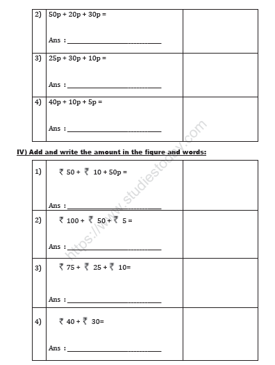 CBSE Class 2 Maths Money Worksheet Set A