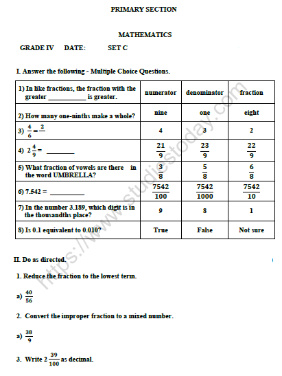 CBSE Class 4 Mathematics Worksheet Set O 1