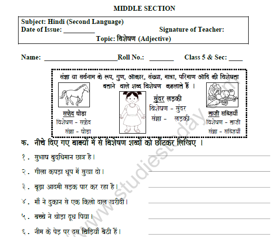CBSE Class 5 Hindi Adjective Worksheet Set B 1