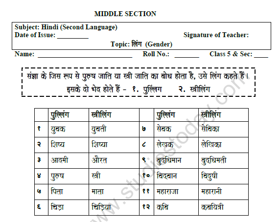 CBSE Class 5 Hindi Gender Worksheet Set B 1