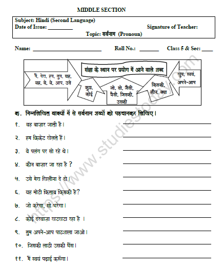 CBSE Class 5 Hindi Pronoun Worksheet Set B 1