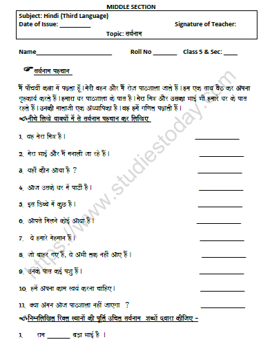CBSE Class 5 Hindi Pronoun Worksheet Set C 1