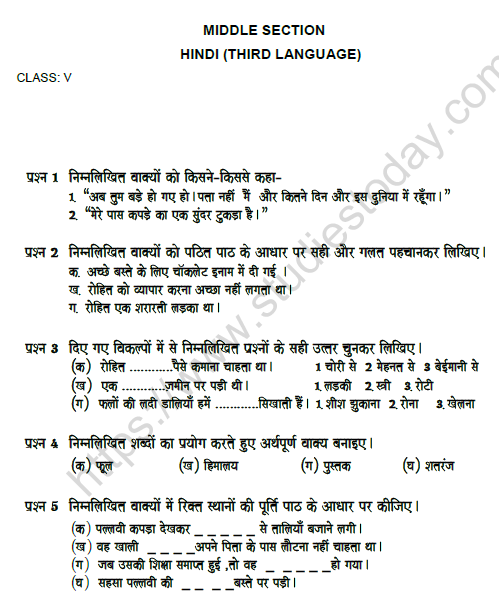 CBSE Class 5 Hindi Question Paper Set Q Solved 1