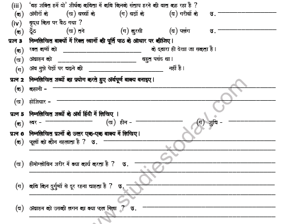 CBSE Class 5 Hindi Revision Worksheet Set H 2