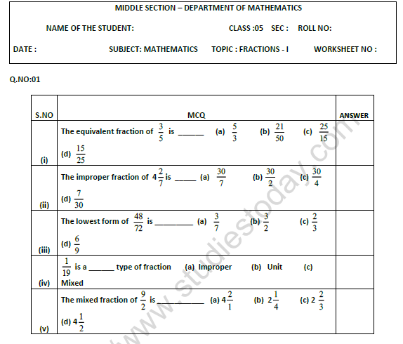 CBSE Class 5 Mathematics Fraction Worksheet 1