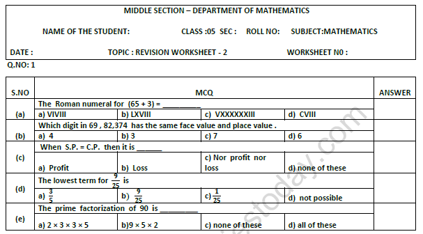 CBSE Class 5 MCBSE Class 5 Mathematics Revision Worksheet Set C 1athematics Revision Worksheet Set C 1