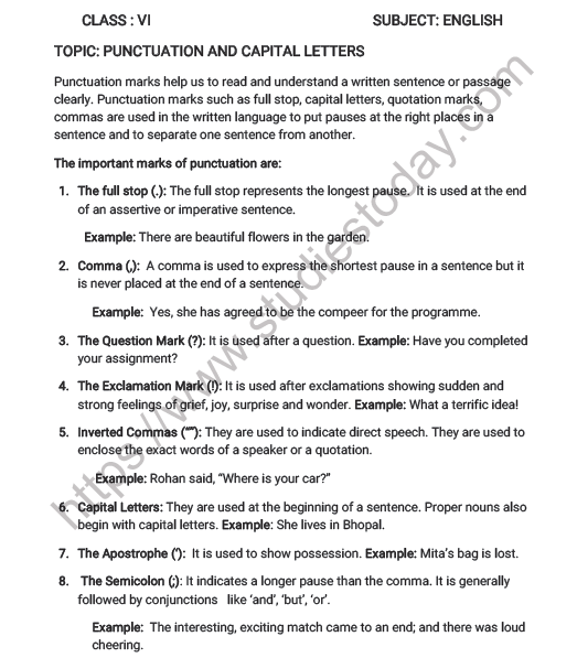 CBSE Class 6 English Punctuation and Capital Letters Worksheet 1