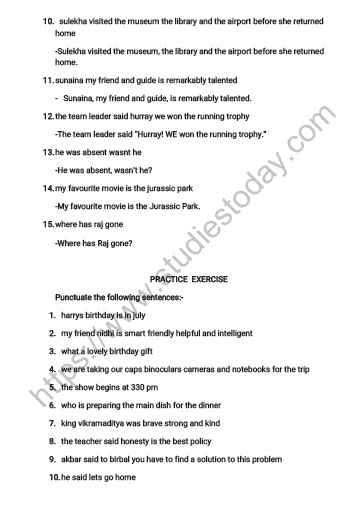 cbse class 6 english punctuation and capital letters worksheet