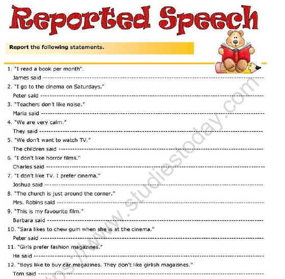 CBSE Class 6 English Reported Speech Worksheet 1