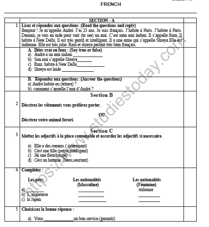 CBSE Class 6 French Worksheet Set C 1