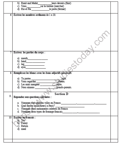 CBSE Class 6 French Worksheet Set C 2